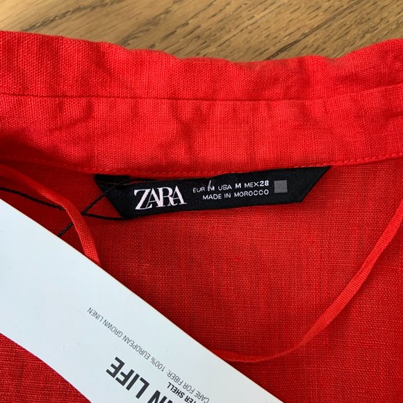 Zara 100% Linen V-Neck Button-up Pockets Long Convertible Sleeve Shirt Size M - Picture 6 of 11